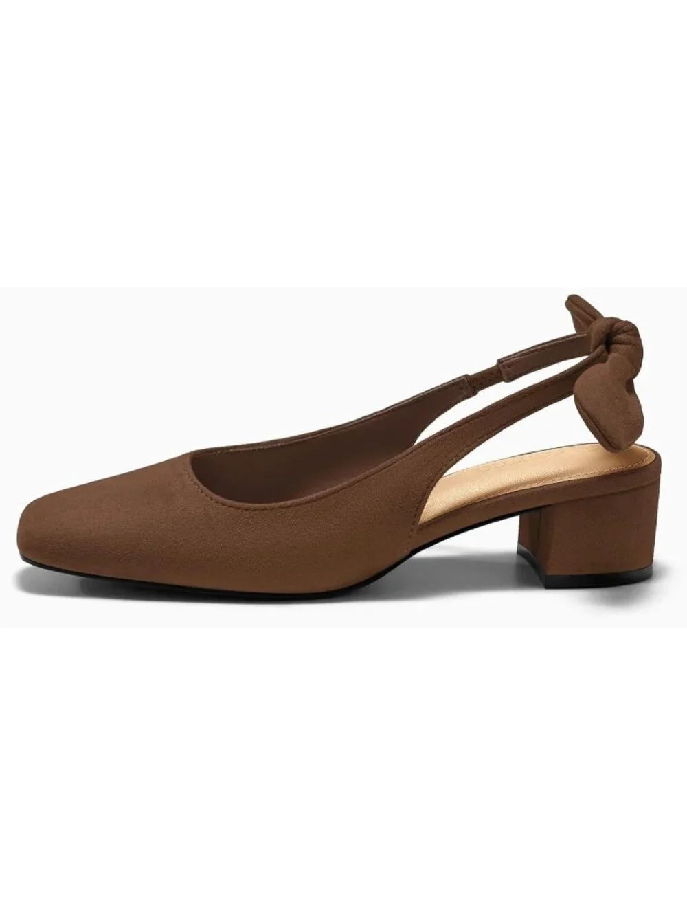 Women's Brown Faux Suede Chunky Low Heels Bow Slingback Closed Square Toe Pumps